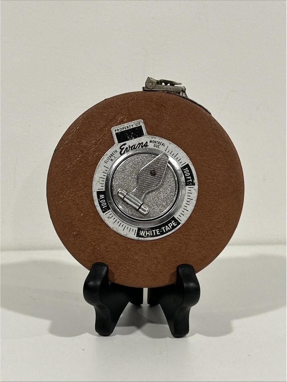 Vintage Evans 100 Ft White Tape Measure USA Metal Case Surveyors Tape